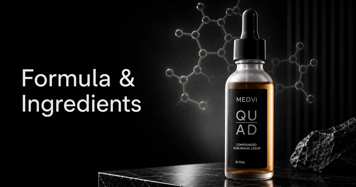 Editorial product graphic highlighting the MEDVi QUAD formula story with the compounded liquid bottle
